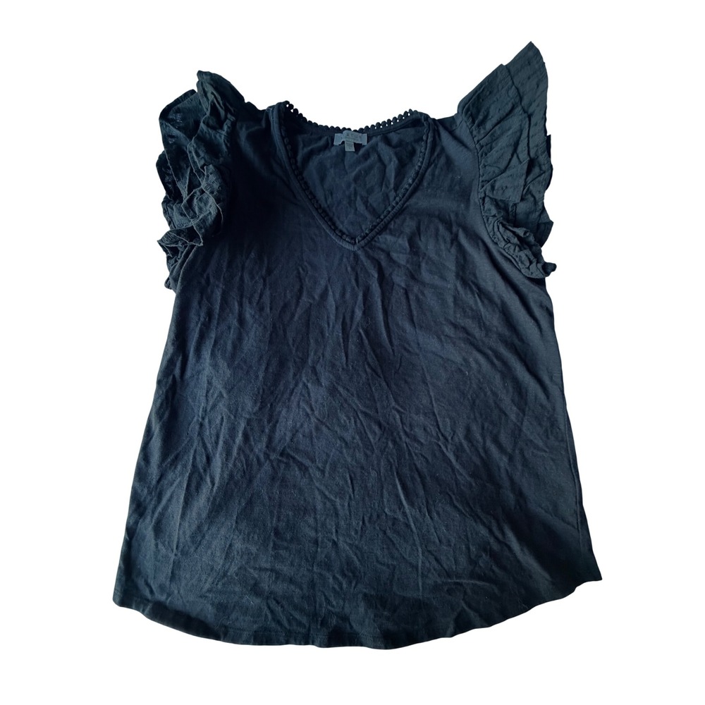 Status by Chenault Womens Black Ruffle Flutter Sleeve V-Neck Pom Trim Top Large